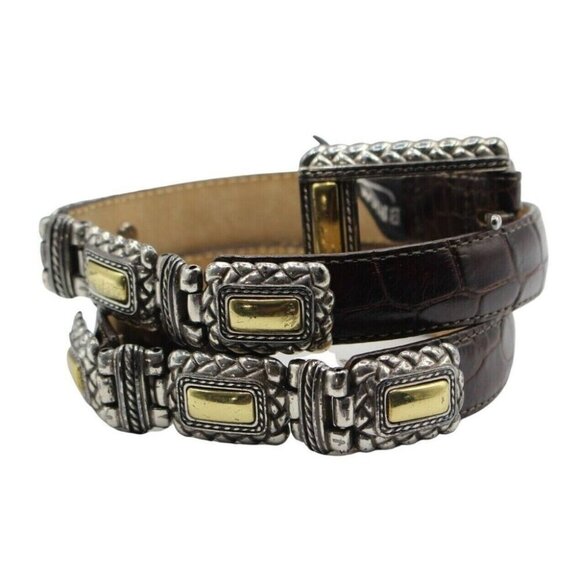 Brighton Accessories - Brighton Brown Croc Grain Leather Silver Gold Hinged Belt #44209 Size M